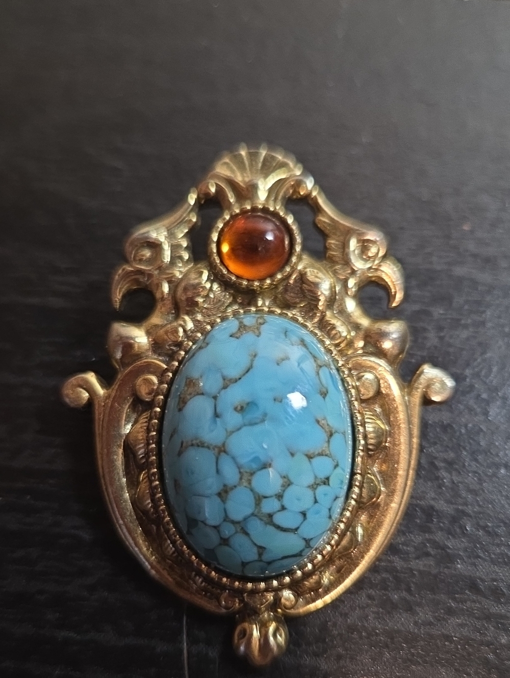 Gold-Tone Brooch with Turquoise Blue Stone (Czech) and Amber Accent